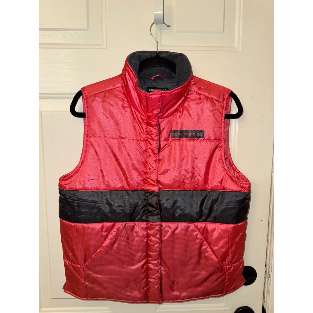 Polo Jeans Co Ralph Lauren Red Puffer Vest Black Stripe Women Medium RN67437